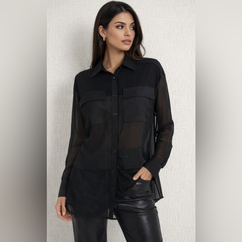 Anatomie‎ Black Sheer Button-Front Blouse Top Size Medium Travel Chic
